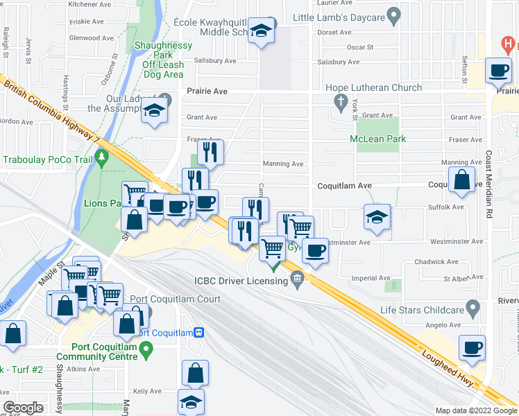 map of restaurants, bars, coffee shops, grocery stores, and more near 2016 Suffolk Avenue in Port Coquitlam