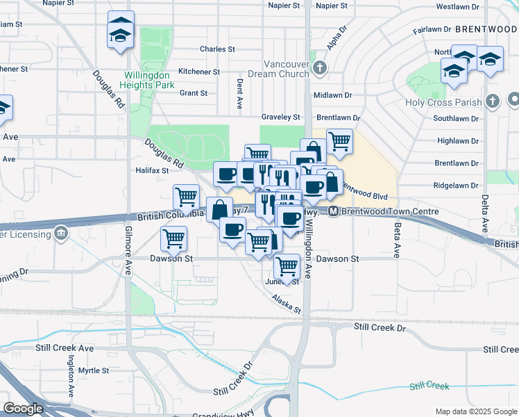 map of restaurants, bars, coffee shops, grocery stores, and more near in Burnaby