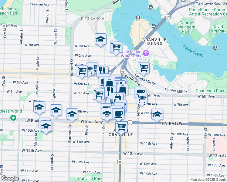 map of restaurants, bars, coffee shops, grocery stores, and more near in Vancouver