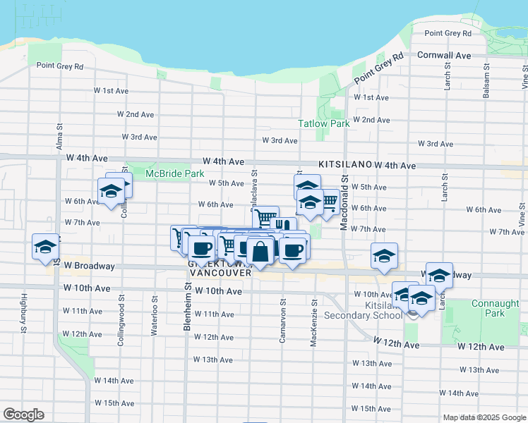 map of restaurants, bars, coffee shops, grocery stores, and more near 3056 West 6th Avenue in Vancouver