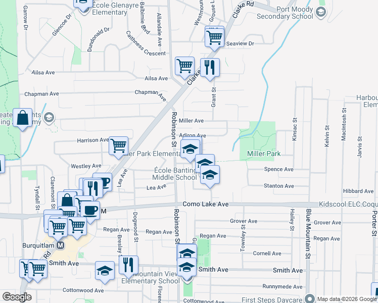 map of restaurants, bars, coffee shops, grocery stores, and more near 760 Covina Court in Coquitlam
