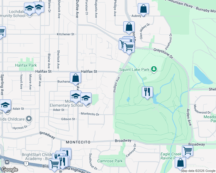 map of restaurants, bars, coffee shops, grocery stores, and more near 7355 Capistrano Drive in Burnaby