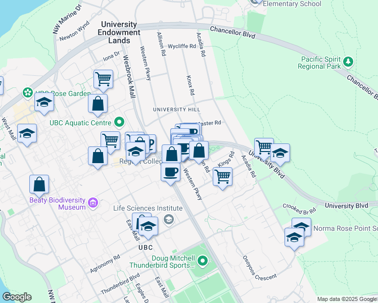map of restaurants, bars, coffee shops, grocery stores, and more near 5728 University Boulevard in Vancouver