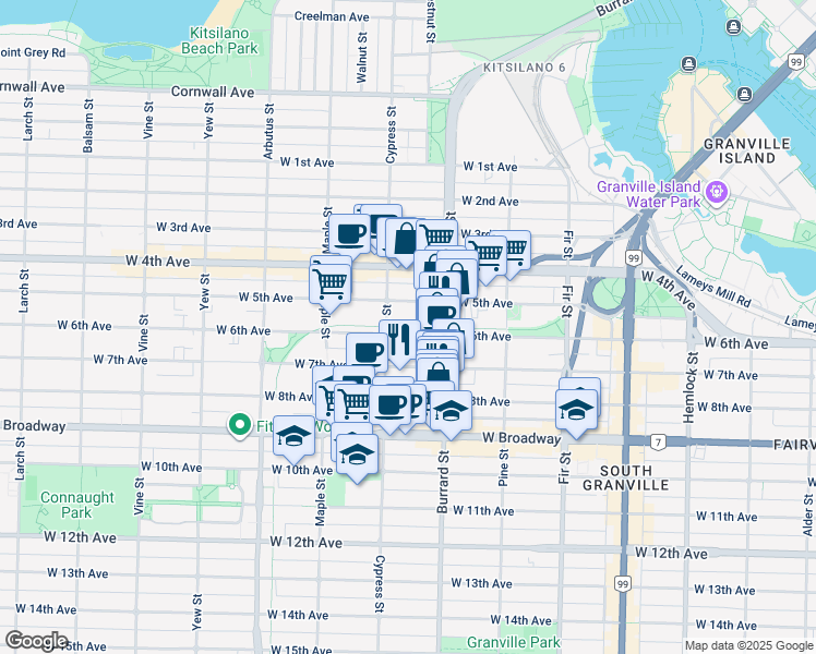 map of restaurants, bars, coffee shops, grocery stores, and more near 1880 West 6th Avenue in Vancouver