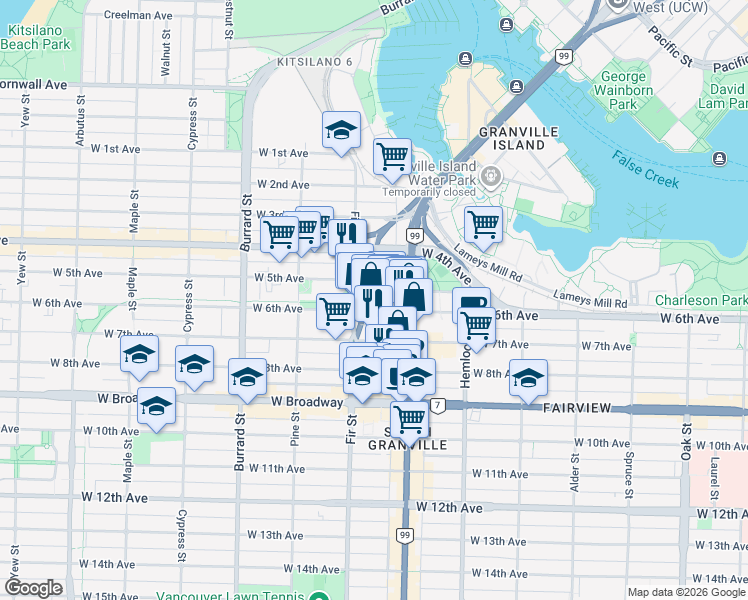 map of restaurants, bars, coffee shops, grocery stores, and more near 1565 West 6th Avenue in Vancouver