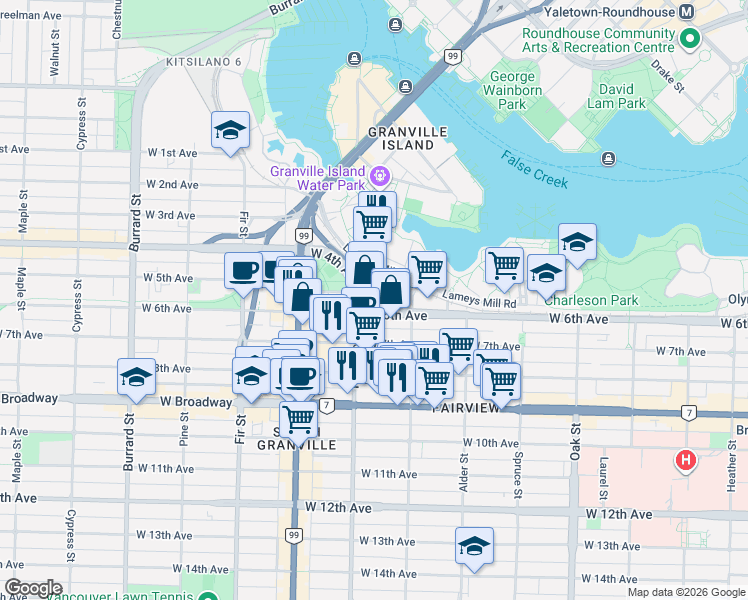 map of restaurants, bars, coffee shops, grocery stores, and more near 1340 West 4th Avenue in Vancouver