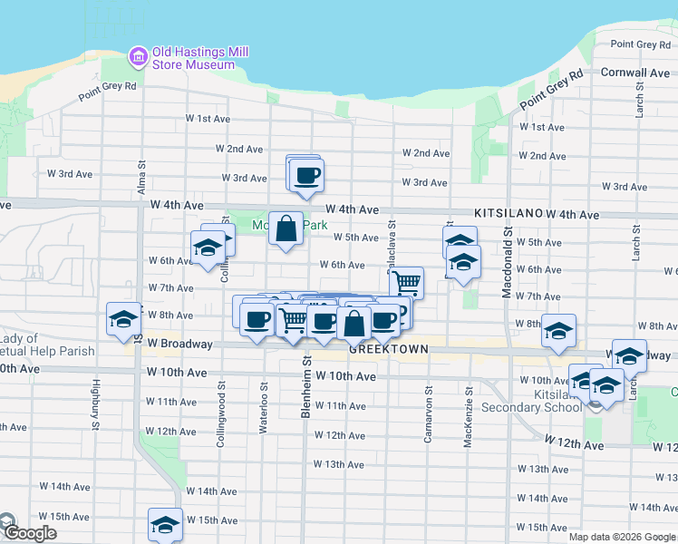 map of restaurants, bars, coffee shops, grocery stores, and more near in Vancouver