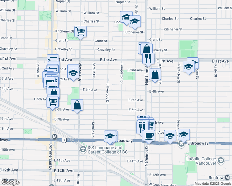 map of restaurants, bars, coffee shops, grocery stores, and more near 2144 East 4th Avenue in Vancouver