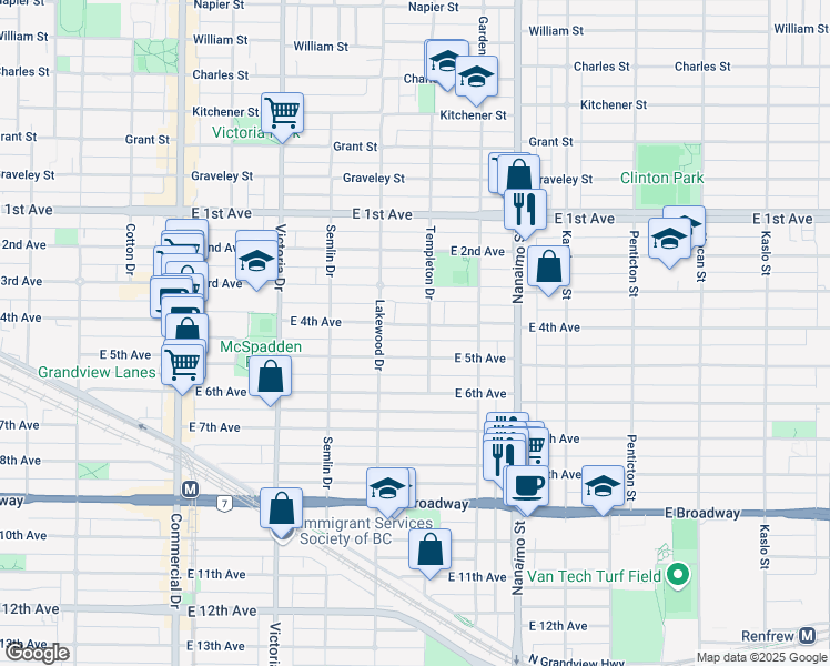 map of restaurants, bars, coffee shops, grocery stores, and more near 2156 East 4th Avenue in Vancouver