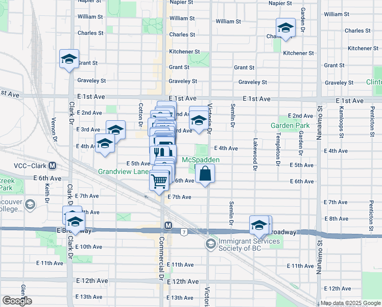 map of restaurants, bars, coffee shops, grocery stores, and more near 1817 McSpadden Avenue in Vancouver