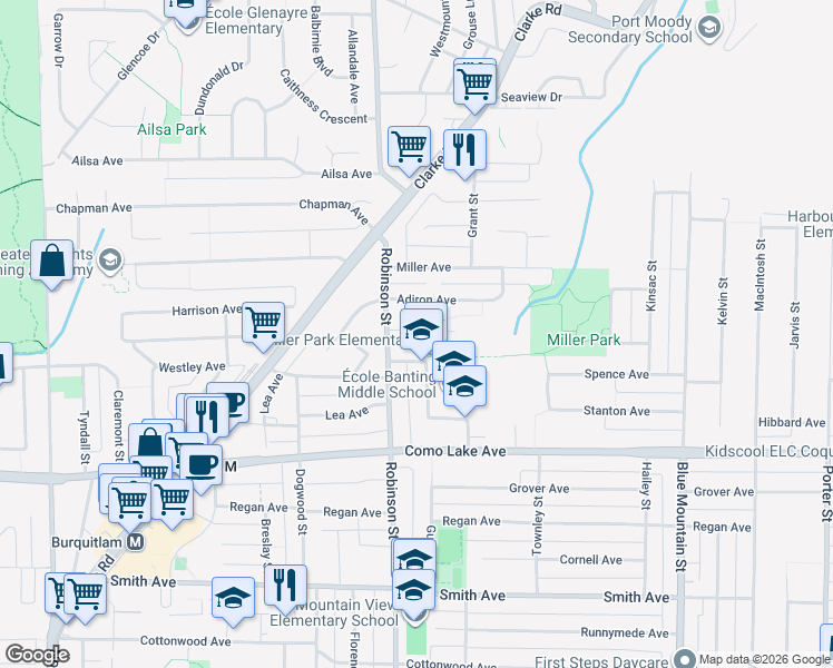 map of restaurants, bars, coffee shops, grocery stores, and more near 760 Covina Court in Coquitlam