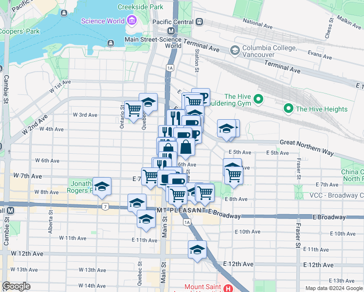 map of restaurants, bars, coffee shops, grocery stores, and more near 263 East 5th Avenue in Vancouver
