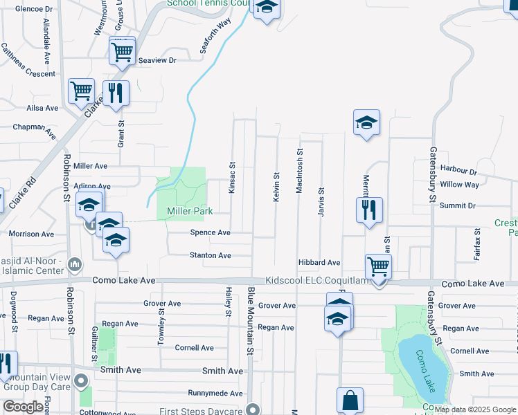 map of restaurants, bars, coffee shops, grocery stores, and more near 869 Blue Mountain Street in Coquitlam