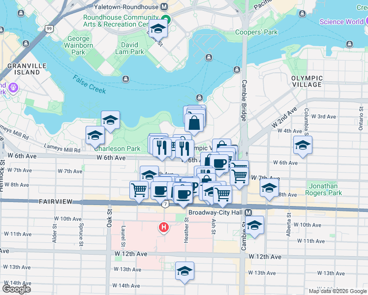 map of restaurants, bars, coffee shops, grocery stores, and more near 697 Moberly Road in Vancouver