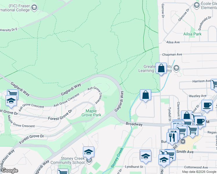 map of restaurants, bars, coffee shops, grocery stores, and more near 9557 Willowleaf Place in Burnaby