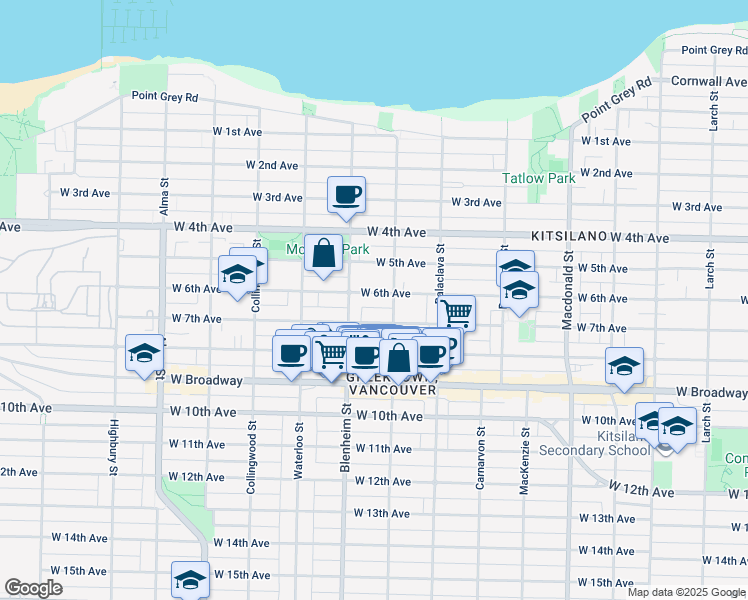map of restaurants, bars, coffee shops, grocery stores, and more near 3232 West 6th Avenue in Vancouver