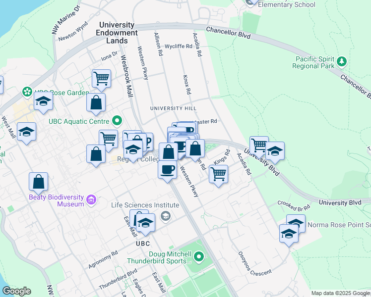 map of restaurants, bars, coffee shops, grocery stores, and more near 5728 University Boulevard in Vancouver