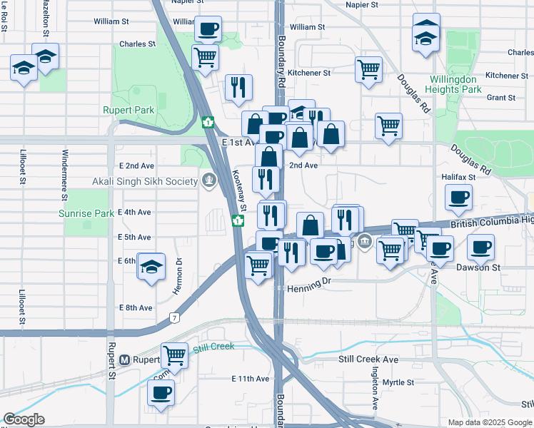 map of restaurants, bars, coffee shops, grocery stores, and more near 2007 Boundary Road in Vancouver
