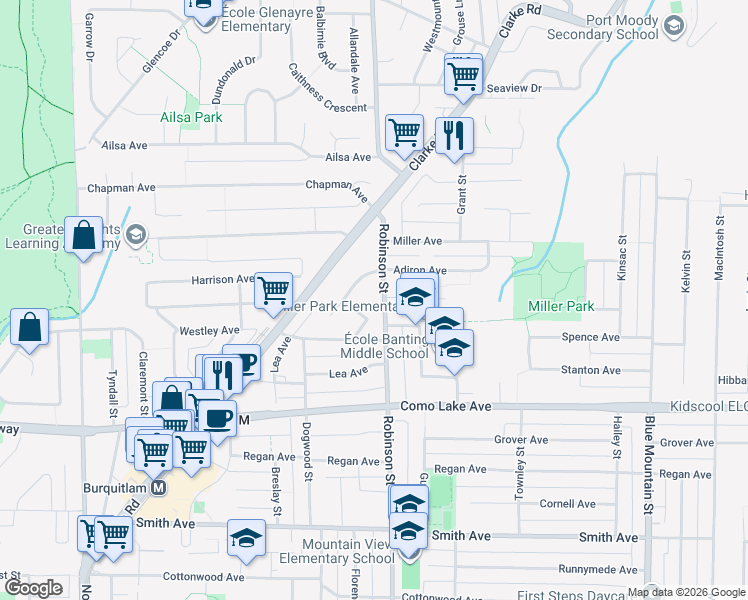 map of restaurants, bars, coffee shops, grocery stores, and more near 910 Robinson Street in Coquitlam