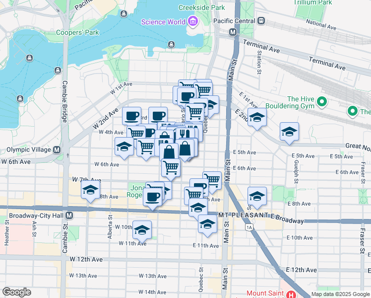 map of restaurants, bars, coffee shops, grocery stores, and more near in Vancouver