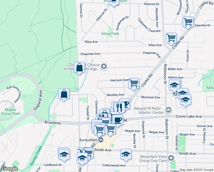 map of restaurants, bars, coffee shops, grocery stores, and more near 585 Kemsley Avenue in Coquitlam