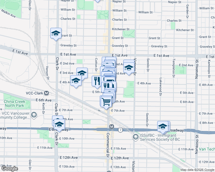 map of restaurants, bars, coffee shops, grocery stores, and more near 2013 Commercial Drive in Vancouver