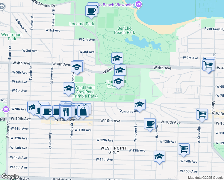 map of restaurants, bars, coffee shops, grocery stores, and more near 4125 West 8th Avenue in Vancouver