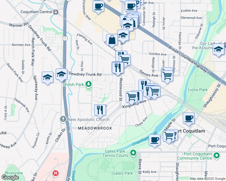 map of restaurants, bars, coffee shops, grocery stores, and more near 881 Pinebrook Place in Coquitlam