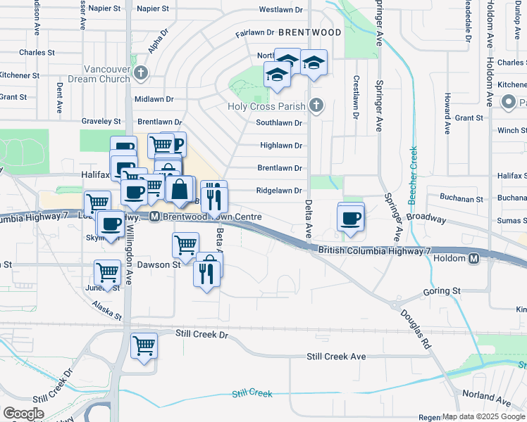 map of restaurants, bars, coffee shops, grocery stores, and more near 4788 Brentwood Drive in Burnaby
