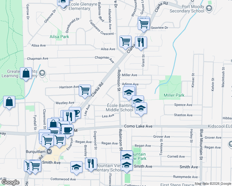 map of restaurants, bars, coffee shops, grocery stores, and more near 910 Robinson Street in Coquitlam