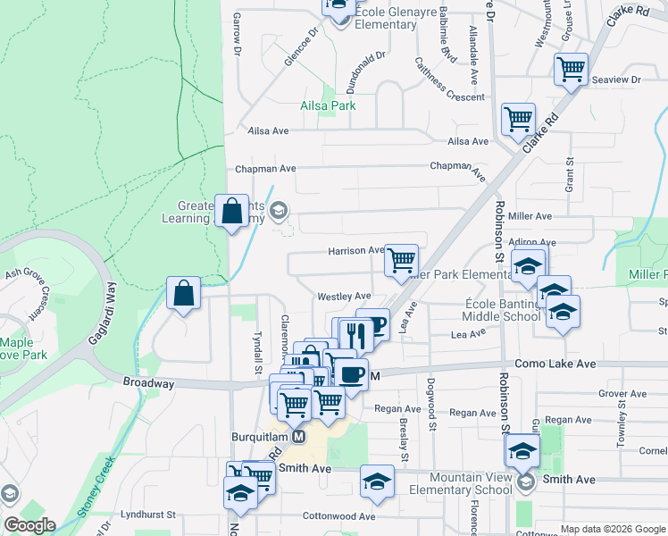 map of restaurants, bars, coffee shops, grocery stores, and more near 595 Kemsley Avenue in Coquitlam