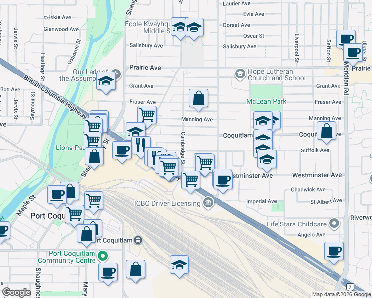 map of restaurants, bars, coffee shops, grocery stores, and more near 1988 Suffolk Avenue in Port Coquitlam