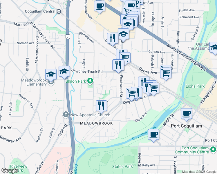 map of restaurants, bars, coffee shops, grocery stores, and more near 890 Pinebrook Place in Coquitlam