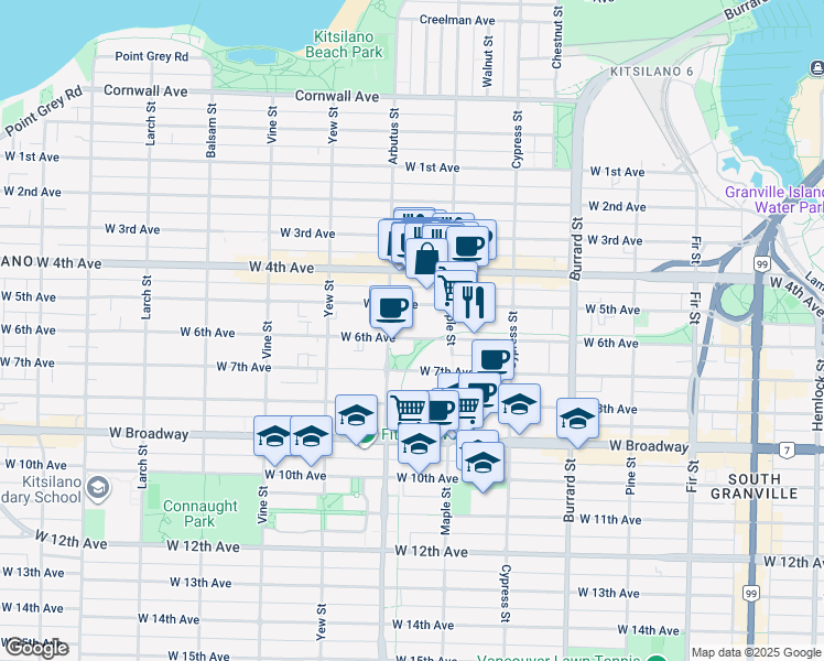 map of restaurants, bars, coffee shops, grocery stores, and more near 2059 West 6th Avenue in Vancouver