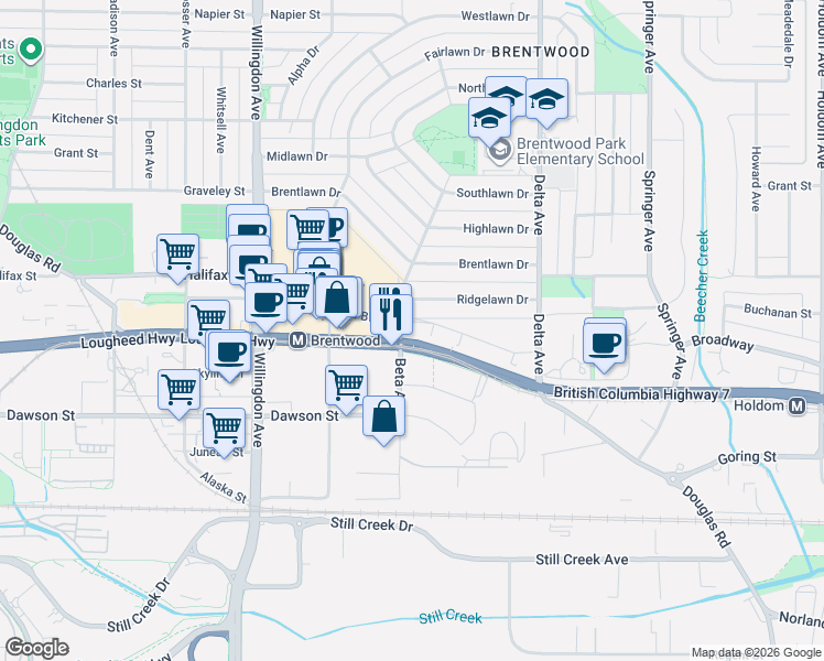 map of restaurants, bars, coffee shops, grocery stores, and more near 4728 Brentwood Drive in Burnaby