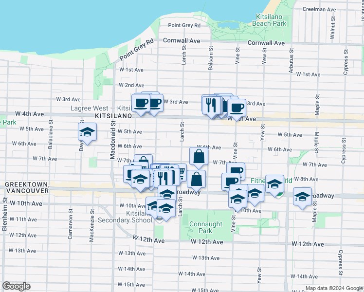 map of restaurants, bars, coffee shops, grocery stores, and more near 2128 Larch Street in Vancouver