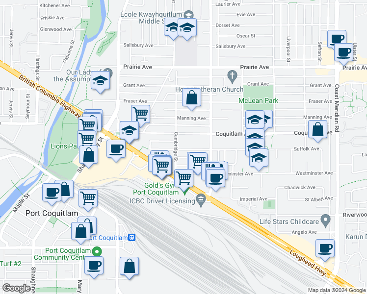 map of restaurants, bars, coffee shops, grocery stores, and more near 1999 Suffolk Avenue in Port Coquitlam