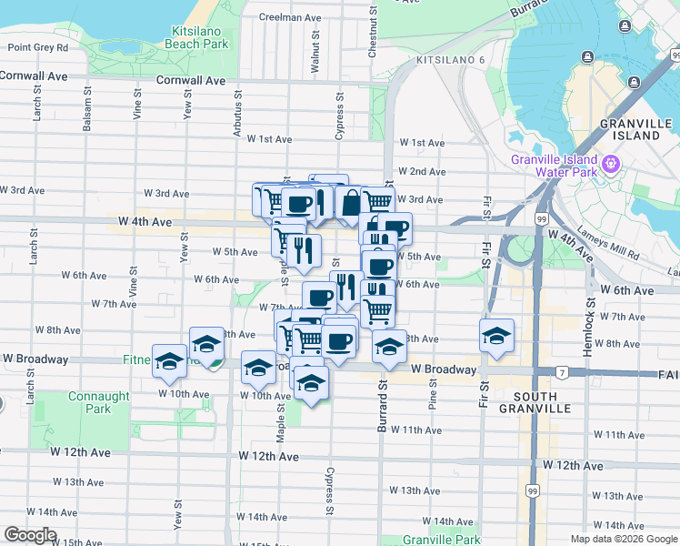map of restaurants, bars, coffee shops, grocery stores, and more near 2158 Cypress Street in Vancouver
