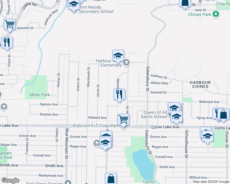 map of restaurants, bars, coffee shops, grocery stores, and more near 928 Merritt Street in Coquitlam