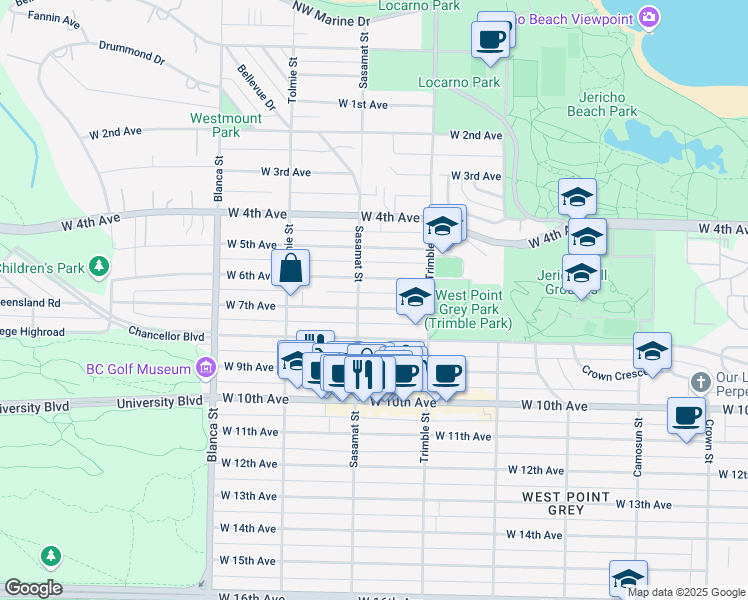 map of restaurants, bars, coffee shops, grocery stores, and more near 4473 West 7th Avenue in Vancouver
