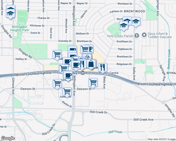 map of restaurants, bars, coffee shops, grocery stores, and more near 1955 Alpha Way in Burnaby