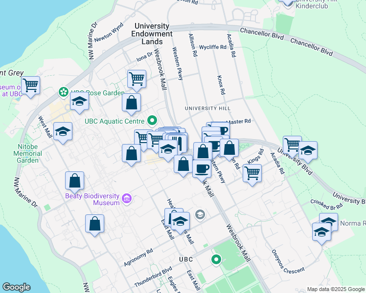 map of restaurants, bars, coffee shops, grocery stores, and more near 2075 Wesbrook Mall in Vancouver