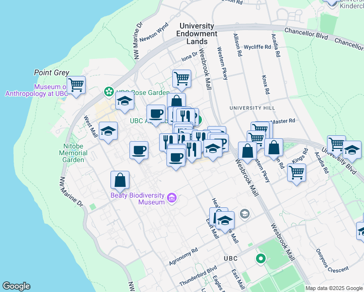 map of restaurants, bars, coffee shops, grocery stores, and more near 6163 University Boulevard in Vancouver
