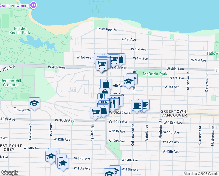 map of restaurants, bars, coffee shops, grocery stores, and more near 2222 Alma Street in Vancouver