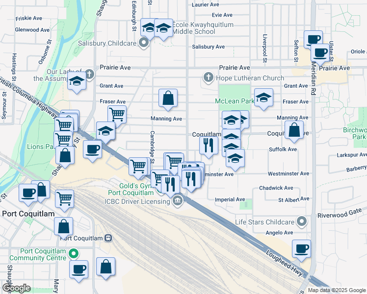 map of restaurants, bars, coffee shops, grocery stores, and more near 2957 Oxford Street in Port Coquitlam