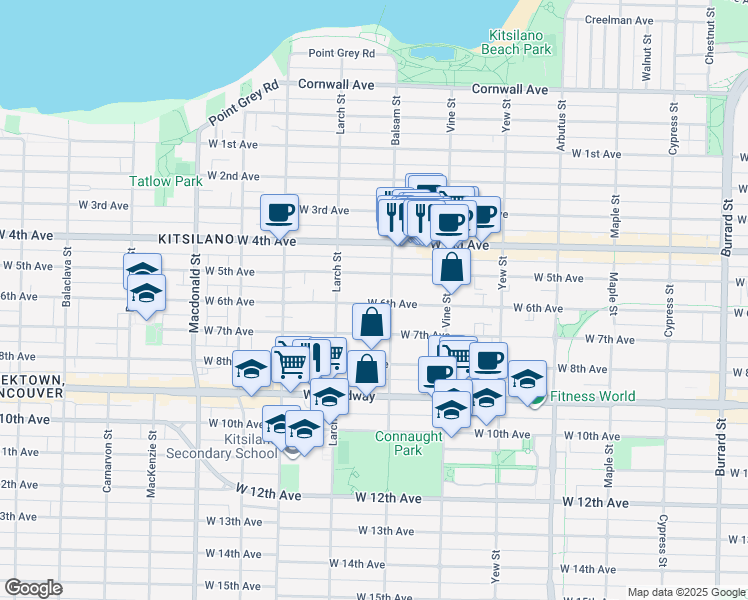 map of restaurants, bars, coffee shops, grocery stores, and more near 2429 West 6th Avenue in Vancouver