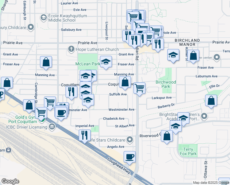 map of restaurants, bars, coffee shops, grocery stores, and more near 1623 Suffolk Avenue in Port Coquitlam