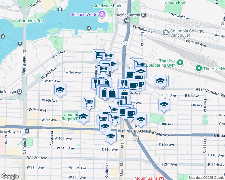 map of restaurants, bars, coffee shops, grocery stores, and more near in Vancouver