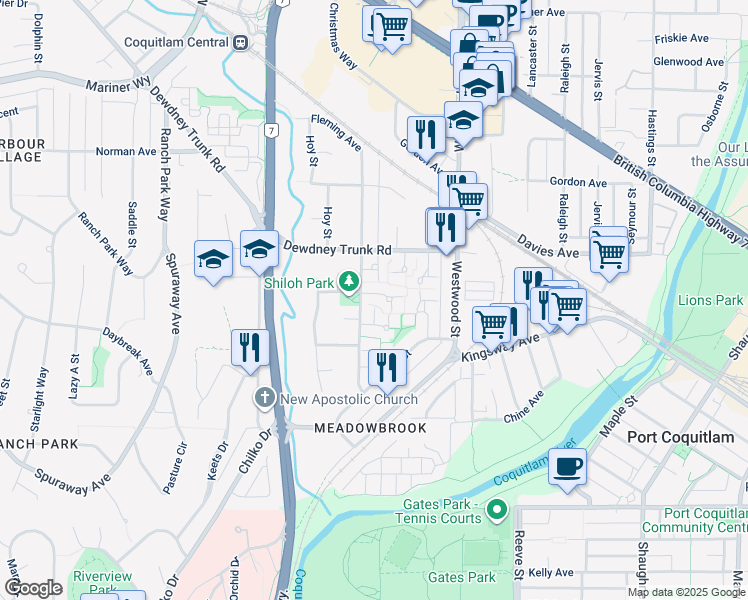 map of restaurants, bars, coffee shops, grocery stores, and more near 3008 Firbrook Place in Coquitlam