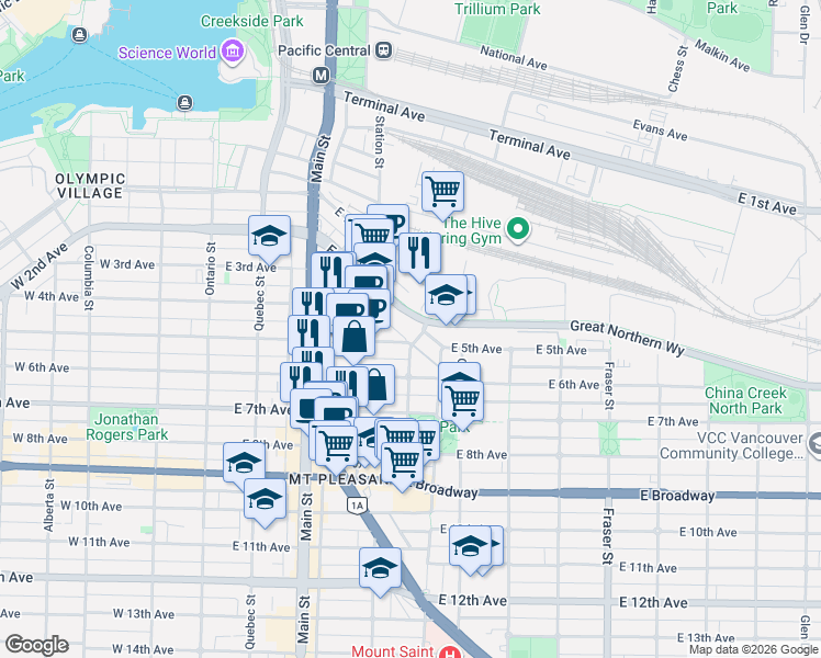 map of restaurants, bars, coffee shops, grocery stores, and more near 350 East 2nd Avenue in Vancouver